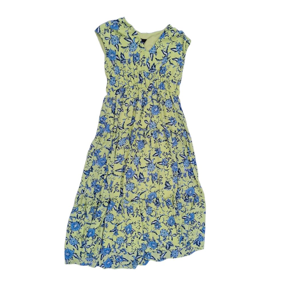 Maison Tara Size 14 Lime Green Blue Floral Tiered Maxi Dress - Chiffon